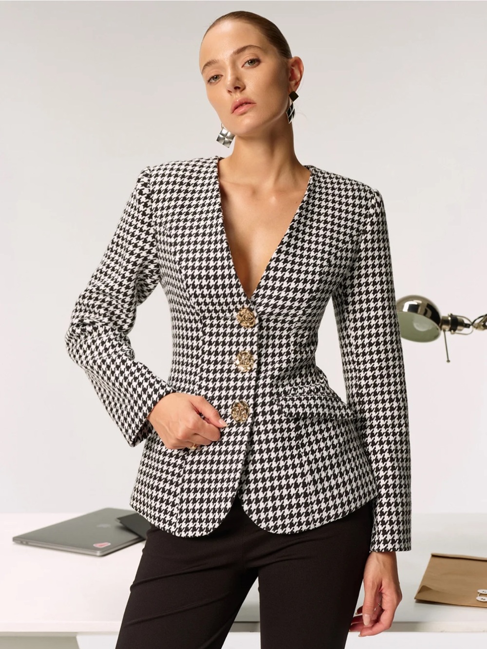 Commense Black White Metal Button Houndstooth Blazer S - Picture 4 of 9